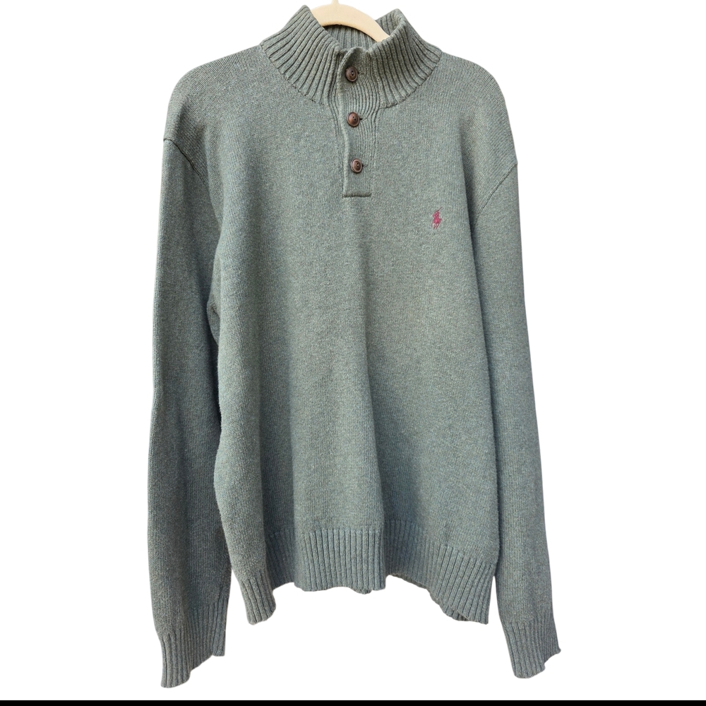 Polo Ralph Lauren Mens Green Knit Cotton Button Mock Neck Sweater Size 2XL